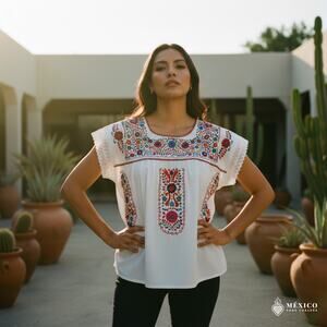 Mexican Embroidered Blouse – Handmade Otomi Floral  Design XL